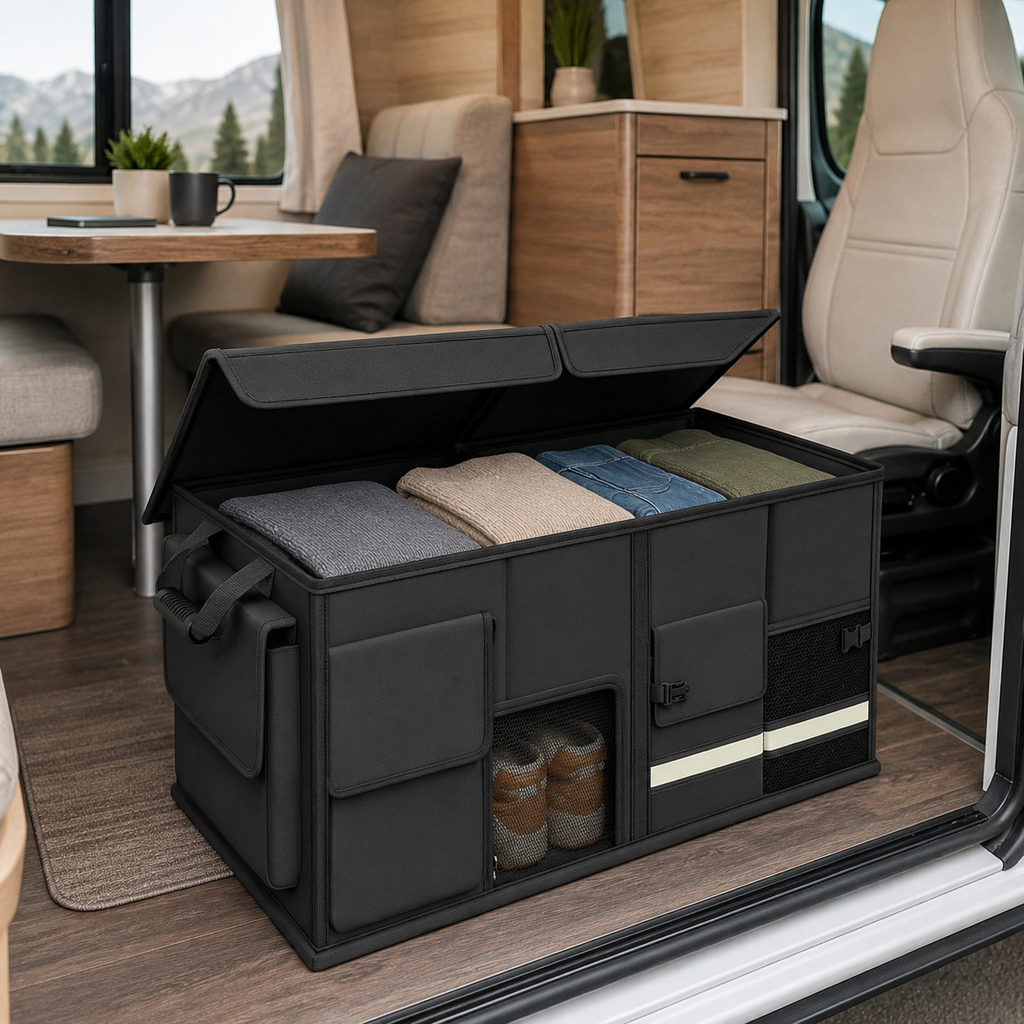 Gardez votre camping-car, van aménagé ou mobil-home parfaitement organisé avec cette boîte de rangement pliable 60L. Idéale pour ranger vêtements, chaussures, accessoires de voyage ou matériel de camping,