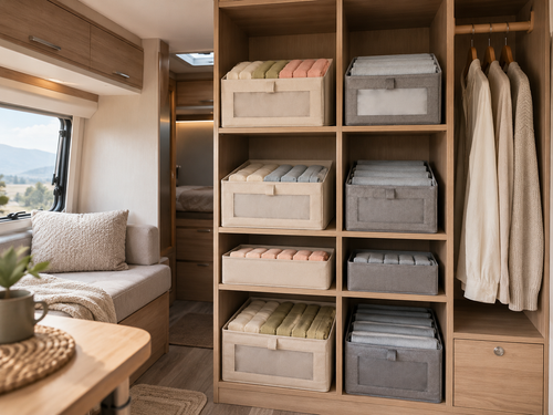 Optimisez facilement vos espaces de rangement avec nos boîtes de rangement pliables, spécialement conçues pour les camping-cars, vans aménagés, caravanes et mobil-homes. Grâce à leurs différents formats, elles permettent d'organiser efficacement vos vêtements