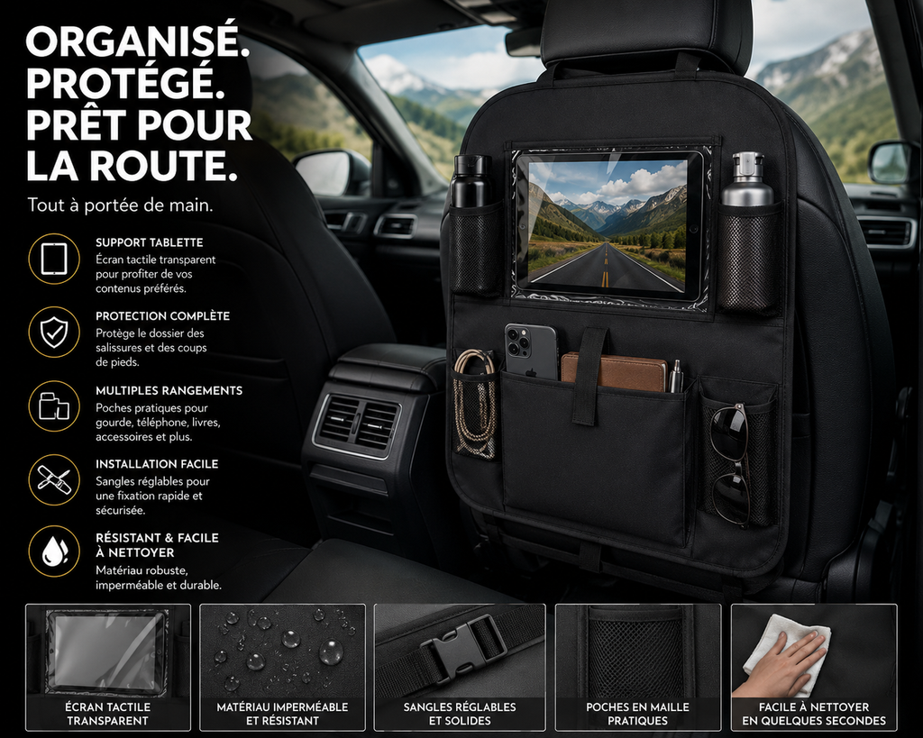Organisateur de siège, rangement voiture, camping-car et van, organisation prêt pour la route et tout à porté de main.
