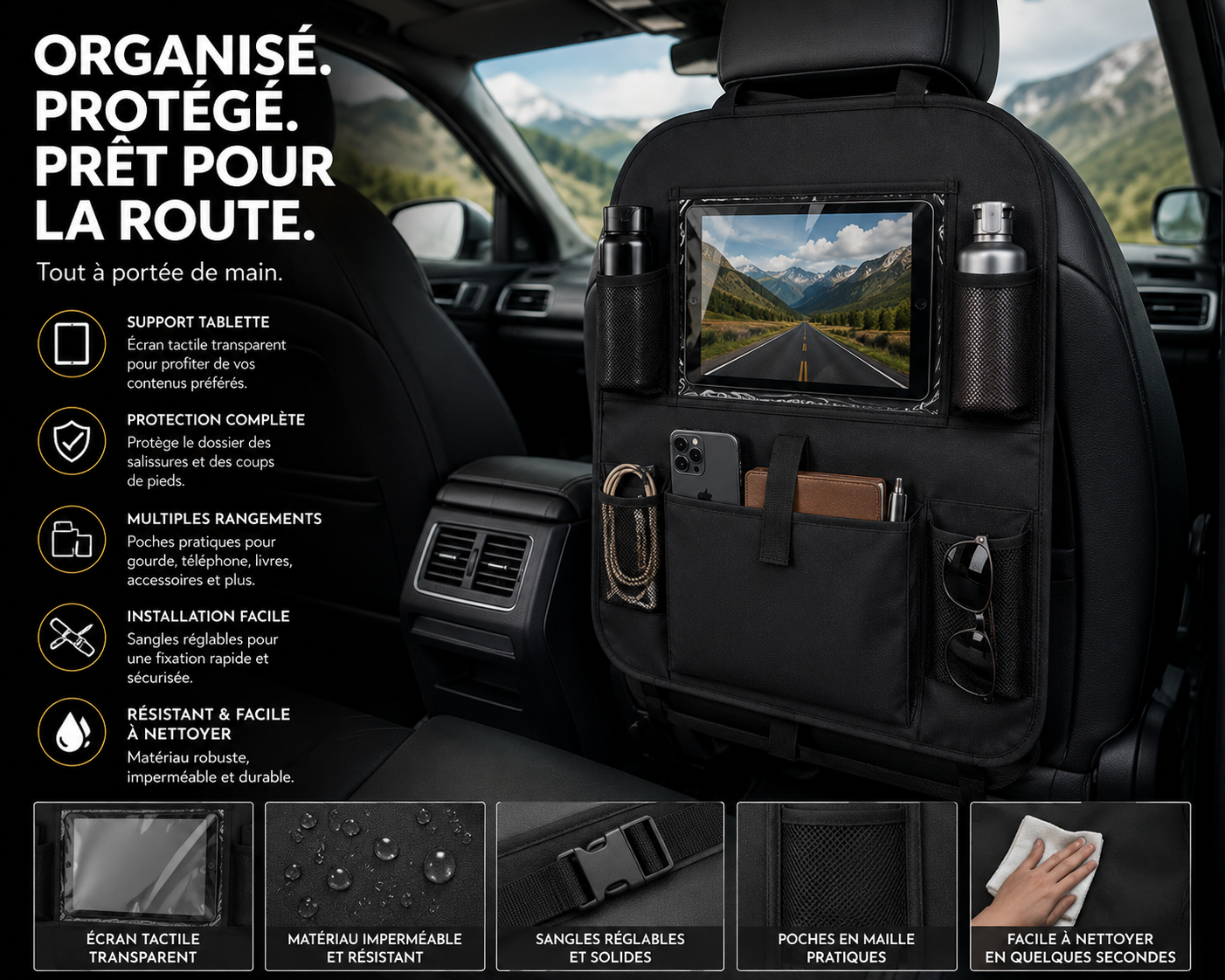 Organisateur de siège, rangement voiture, camping-car et van, organisation prêt pour la route et tout à porté de main.