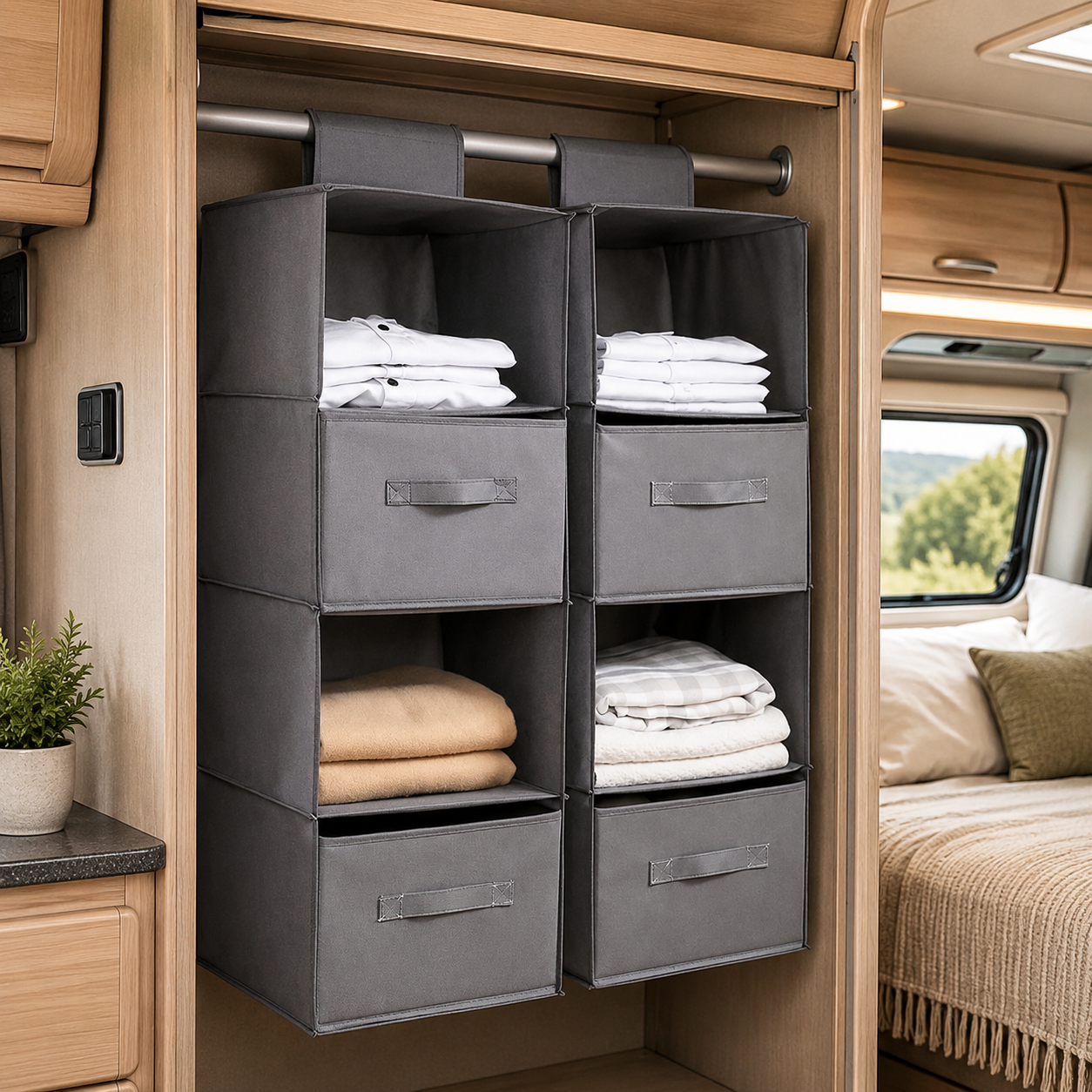 Optimisez l’espace de vos placards avec cette étagère suspendue pliable, idéale pour camping-car, van aménagé, caravane ou mobil-home. Ses compartiments pratiques permettent de ranger vêtements,