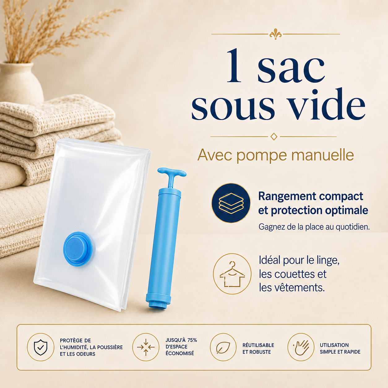 Optimisez votre rangement avec ces sacs sous vide réutilisables, parfaits pour le linge, les couettes et les vêtements. Ils protègent de l’humidité, de la poussière et des odeurs tout en économisant jusqu’à 75 % d’espace.