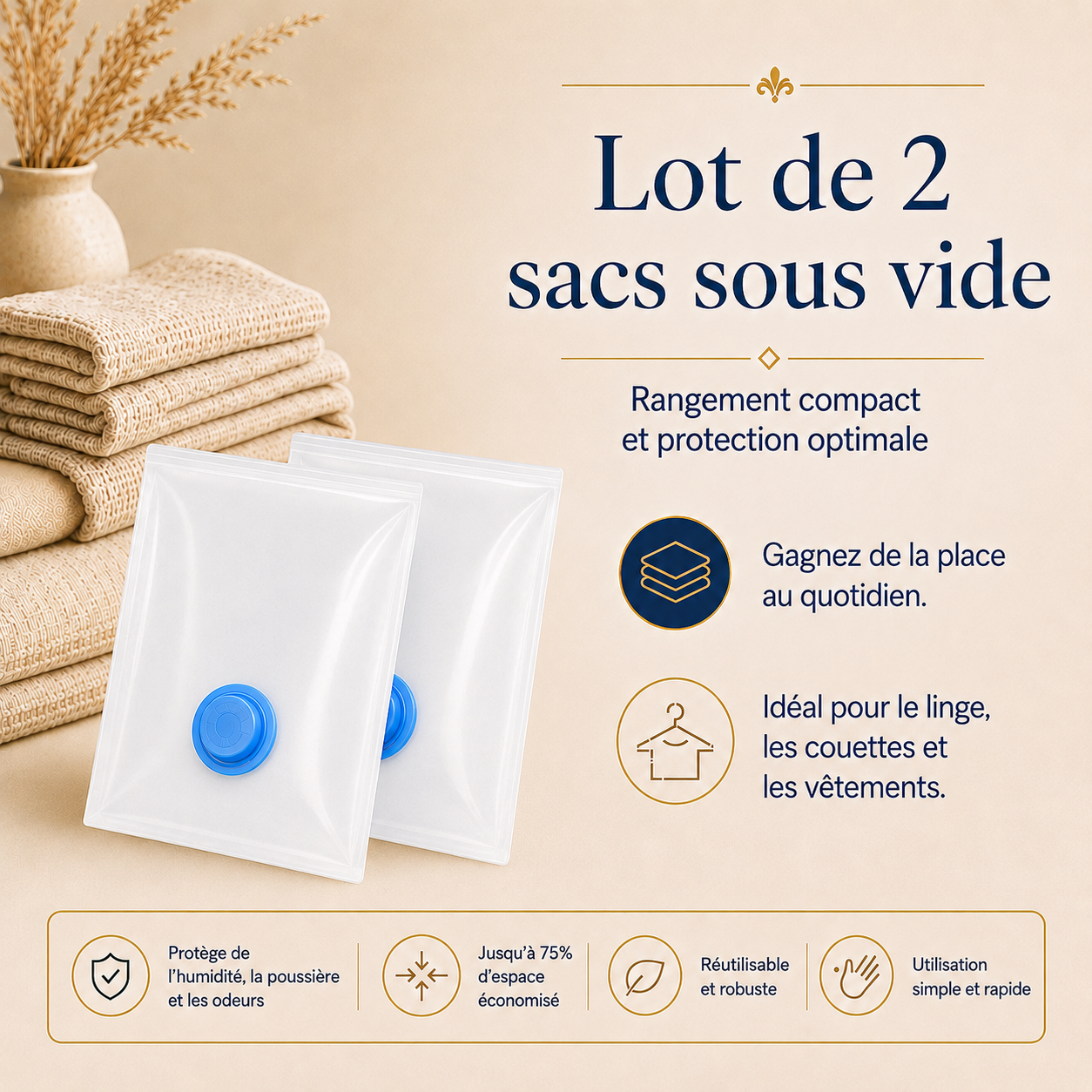 Optimisez votre rangement avec ces sacs sous vide réutilisables, parfaits pour le linge, les couettes et les vêtements. Ils protègent de l’humidité, de la poussière et des odeurs tout en économisant jusqu’à 75 % d’espace.