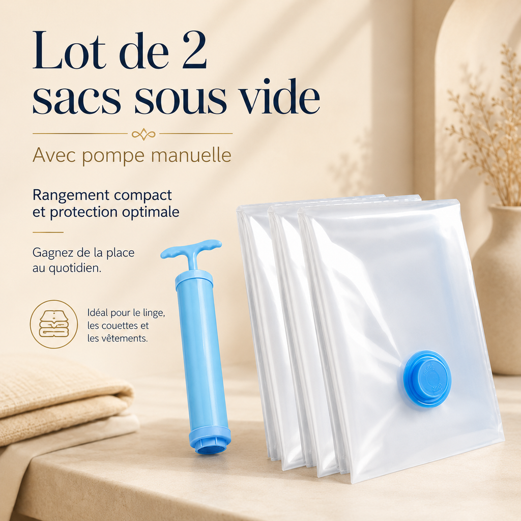 Optimisez votre rangement avec ces sacs sous vide réutilisables, parfaits pour le linge, les couettes et les vêtements. Ils protègent de l’humidité, de la poussière et des odeurs tout en économisant jusqu’à 75 % d’espace.
