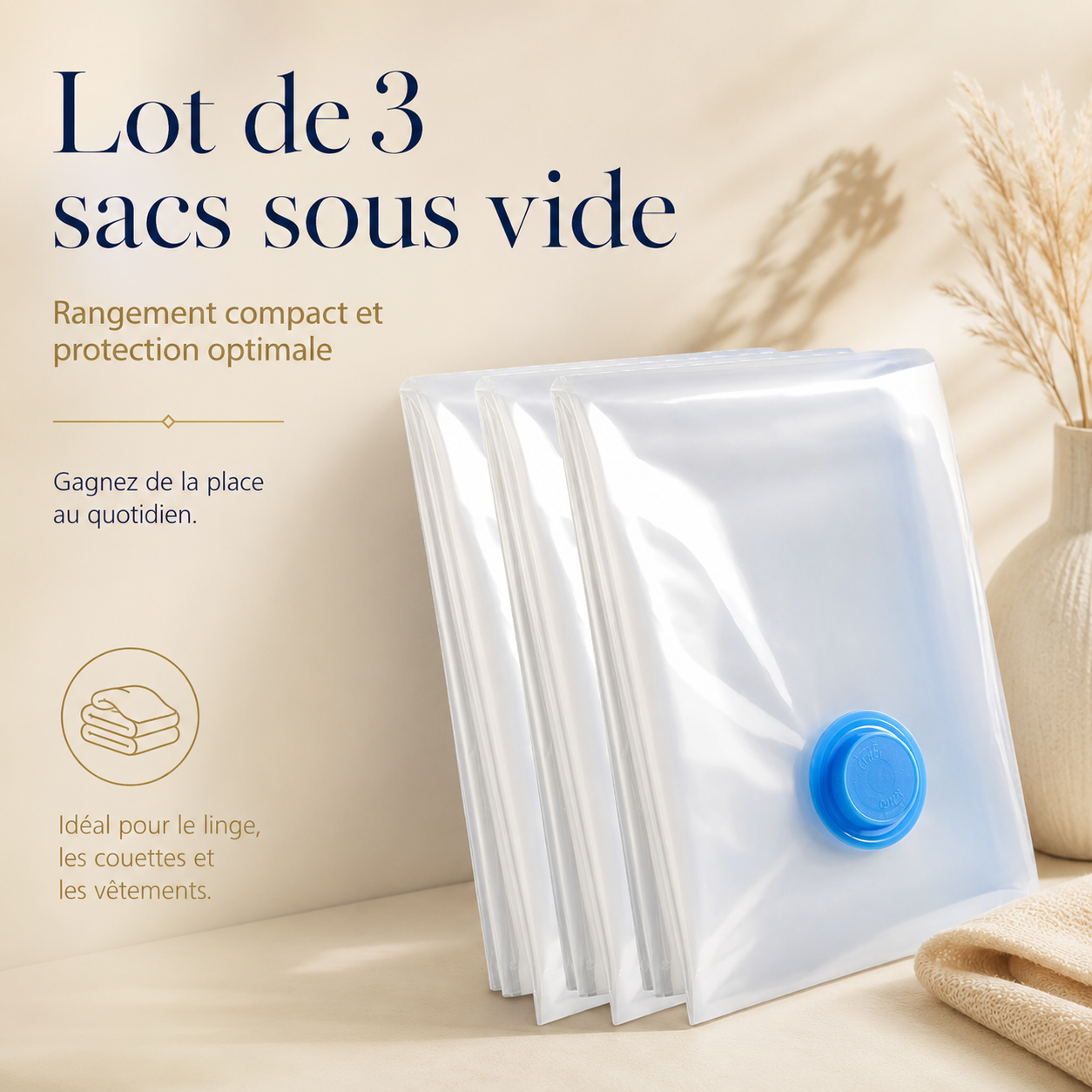 Optimisez votre rangement avec ces sacs sous vide réutilisables, parfaits pour le linge, les couettes et les vêtements. Ils protègent de l’humidité, de la poussière et des odeurs tout en économisant jusqu’à 75 % d’espace.
