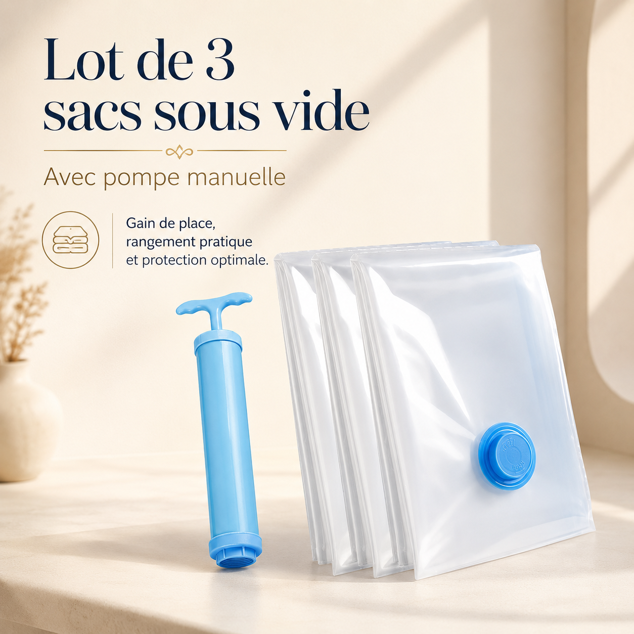 Optimisez votre rangement avec ces sacs sous vide réutilisables, parfaits pour le linge, les couettes et les vêtements. Ils protègent de l’humidité, de la poussière et des odeurs tout en économisant jusqu’à 75 % d’espace.