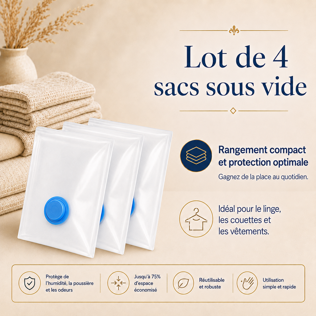 Optimisez votre rangement avec ces sacs sous vide réutilisables, parfaits pour le linge, les couettes et les vêtements. Ils protègent de l’humidité, de la poussière et des odeurs tout en économisant jusqu’à 75 % d’espace.