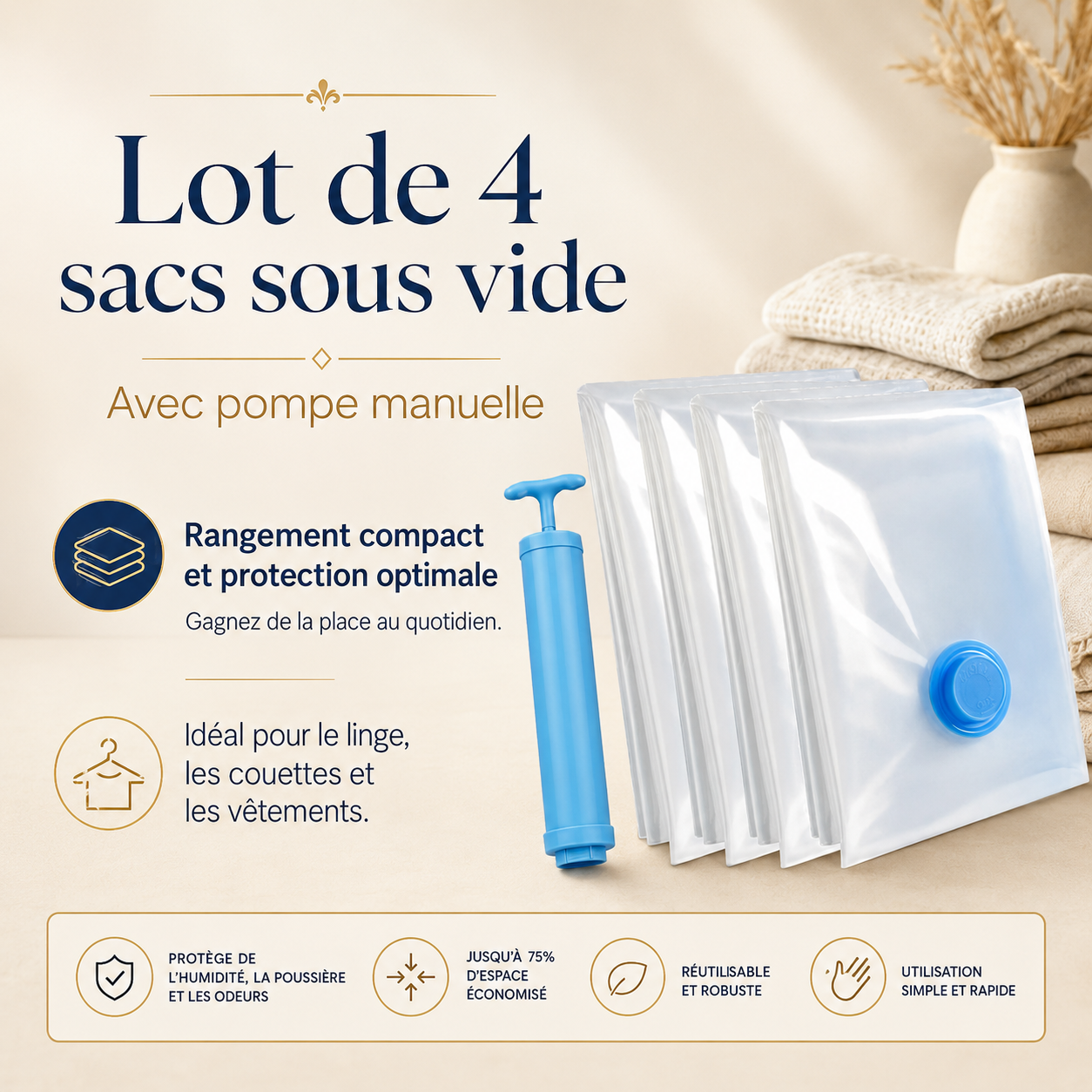 Optimisez votre rangement avec ces sacs sous vide réutilisables, parfaits pour le linge, les couettes et les vêtements. Ils protègent de l’humidité, de la poussière et des odeurs tout en économisant jusqu’à 75 % d’espace.