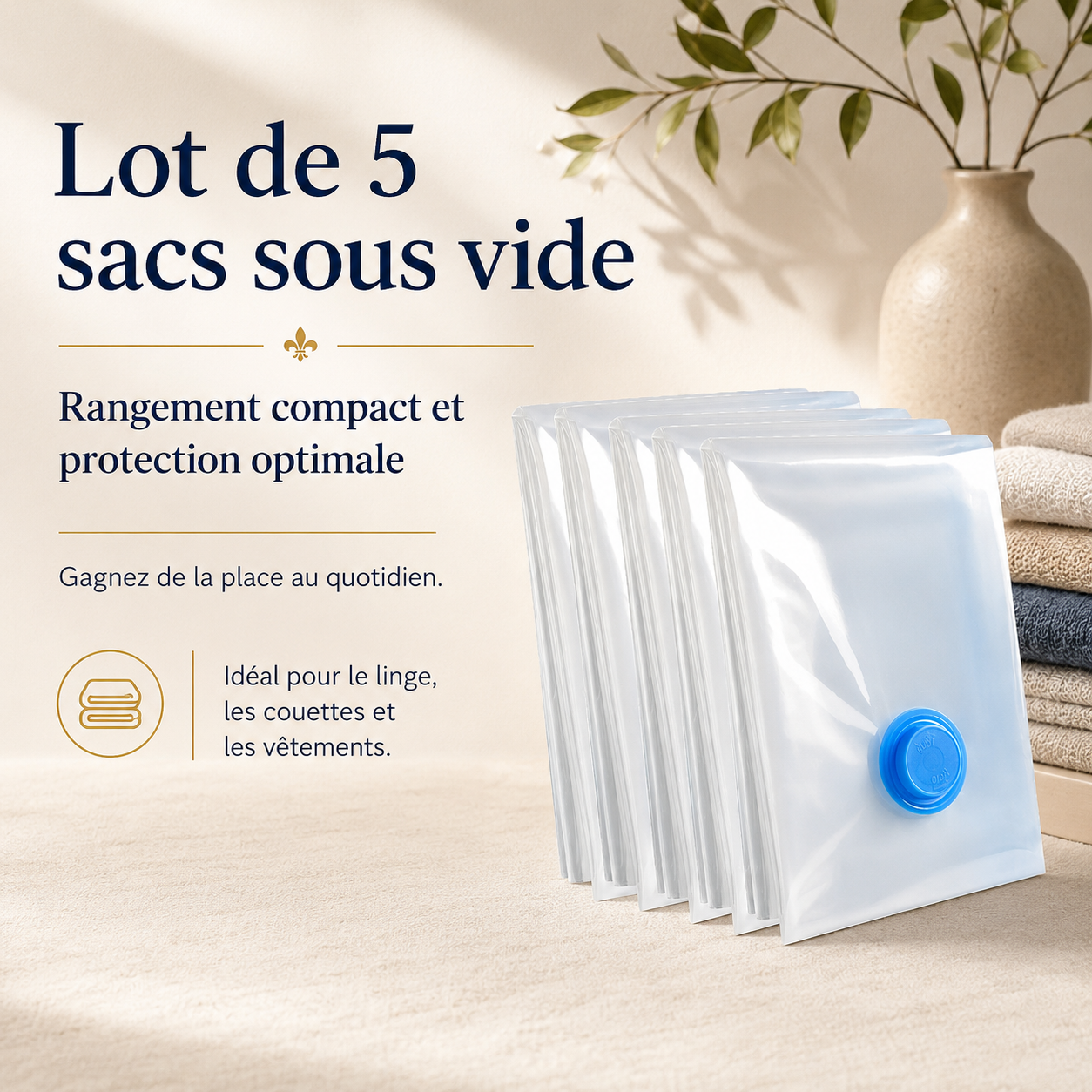 Optimisez votre rangement avec ces sacs sous vide réutilisables, parfaits pour le linge, les couettes et les vêtements. Ils protègent de l’humidité, de la poussière et des odeurs tout en économisant jusqu’à 75 % d’espace.