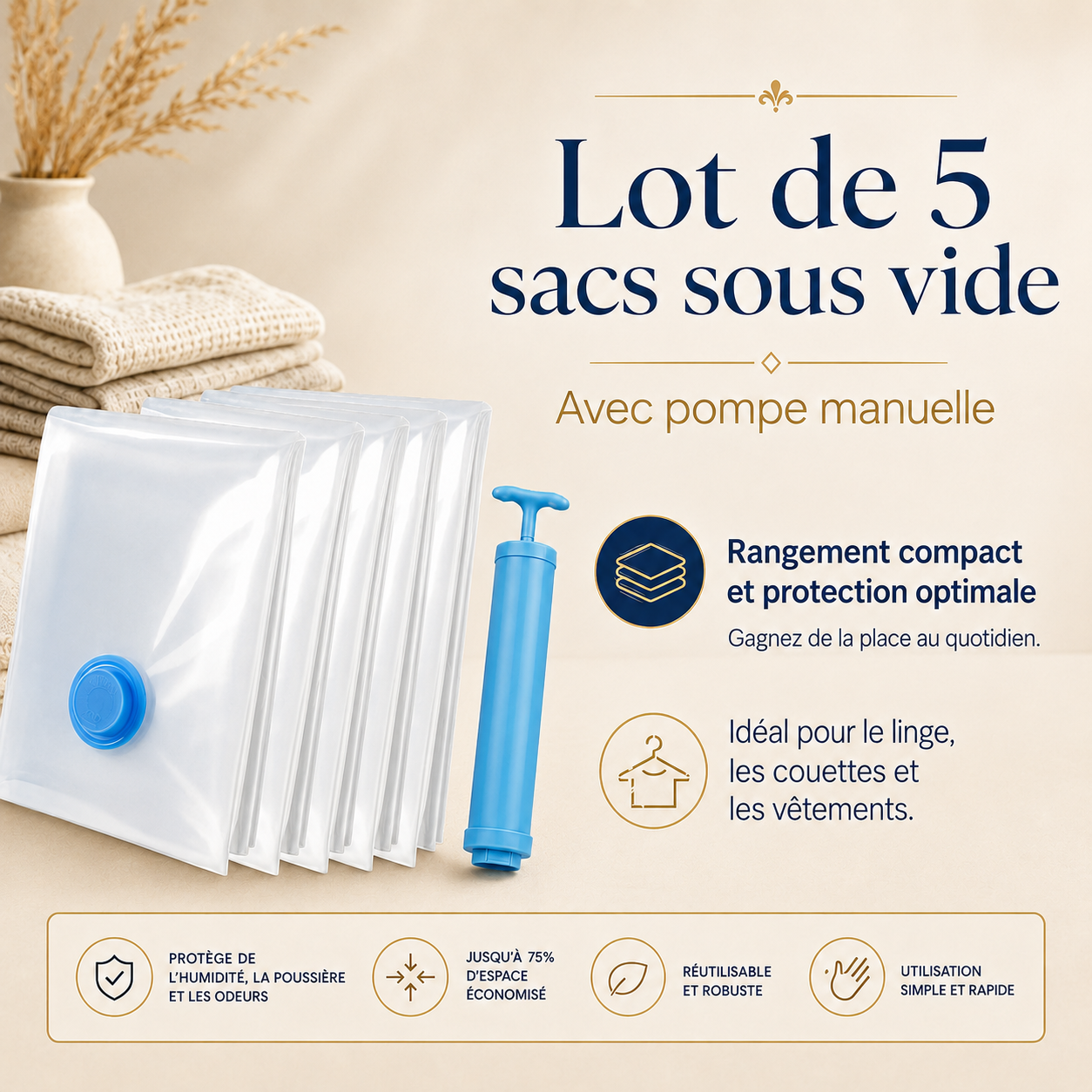 Optimisez votre rangement avec ces sacs sous vide réutilisables, parfaits pour le linge, les couettes et les vêtements. Ils protègent de l’humidité, de la poussière et des odeurs tout en économisant jusqu’à 75 % d’espace.