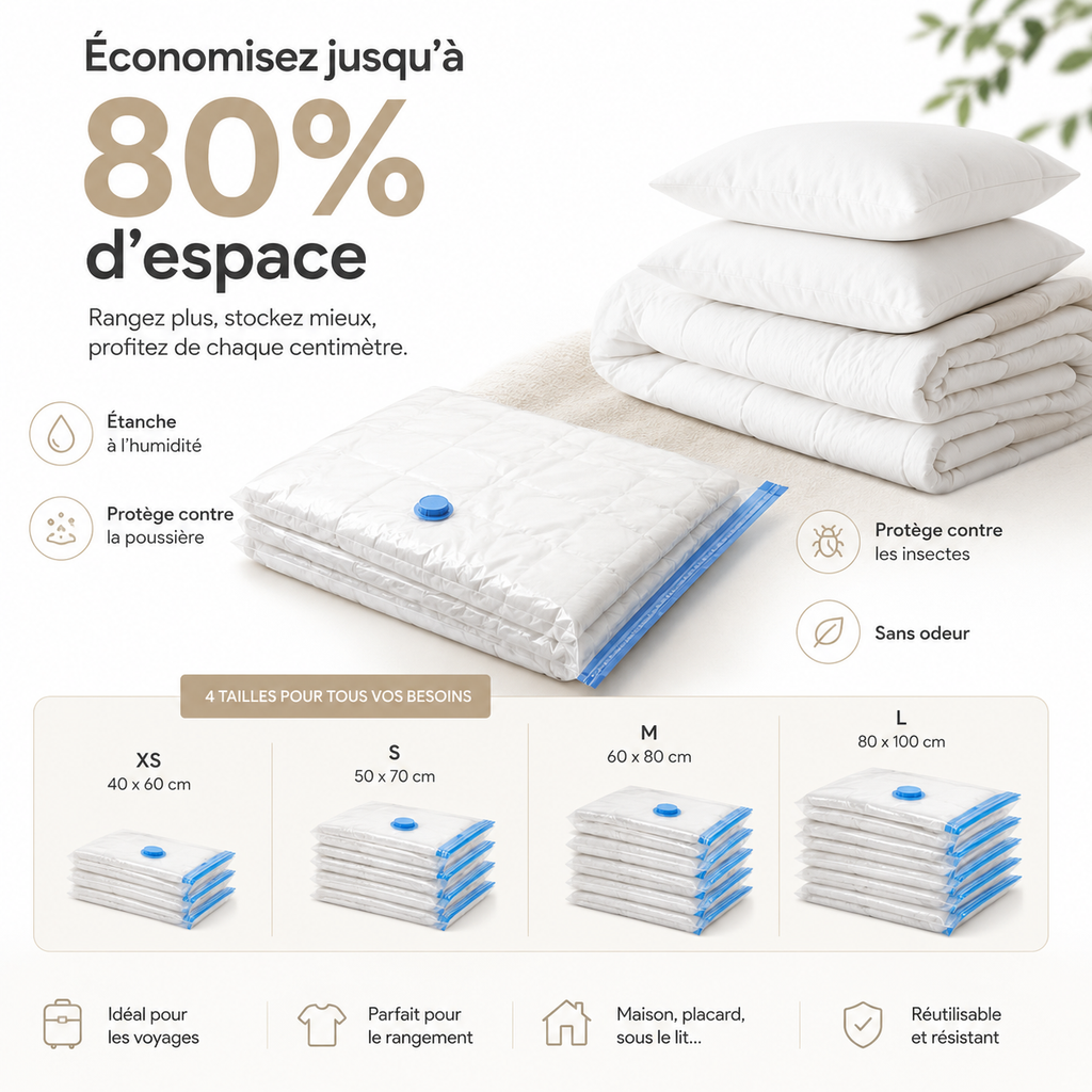 Optimisez votre rangement avec ces sacs sous vide réutilisables, parfaits pour le linge, les couettes et les vêtements. Ils protègent de l’humidité, de la poussière et des odeurs tout en économisant jusqu’à 75 % d’espace.