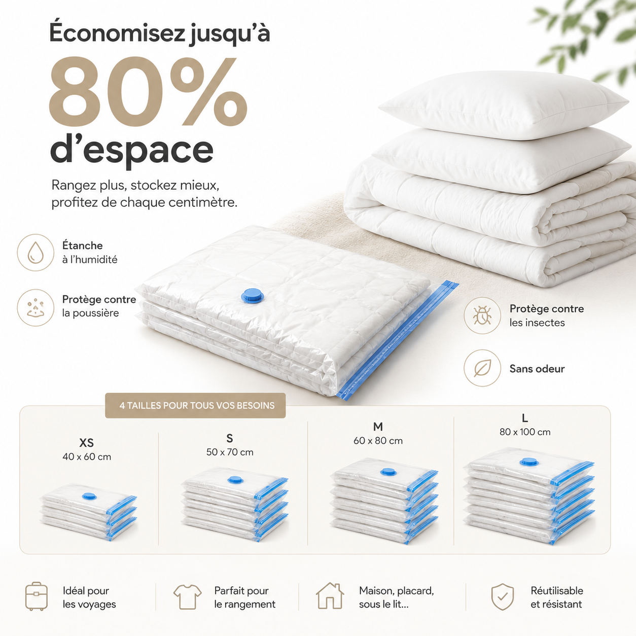 Optimisez votre rangement avec ces sacs sous vide réutilisables, parfaits pour le linge, les couettes et les vêtements. Ils protègent de l’humidité, de la poussière et des odeurs tout en économisant jusqu’à 75 % d’espace.