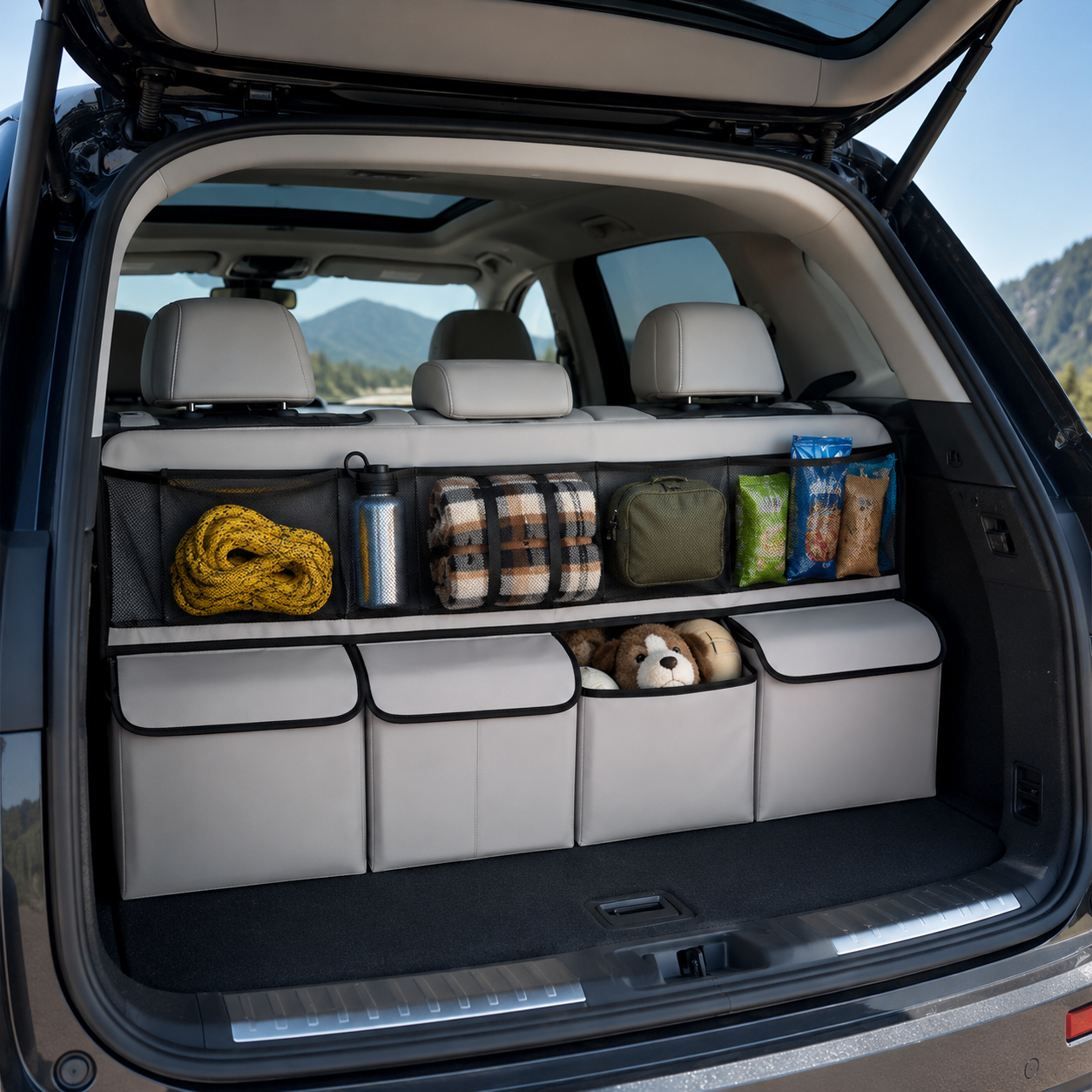 Organisateur de coffre noir grande capacité, idéal pour ranger facilement vos affaires en camping-car, van aménagé, caravane ou mobil-home. Ses poches en filet et compartiments spacieux permettent de garder vos accessoires de voyage