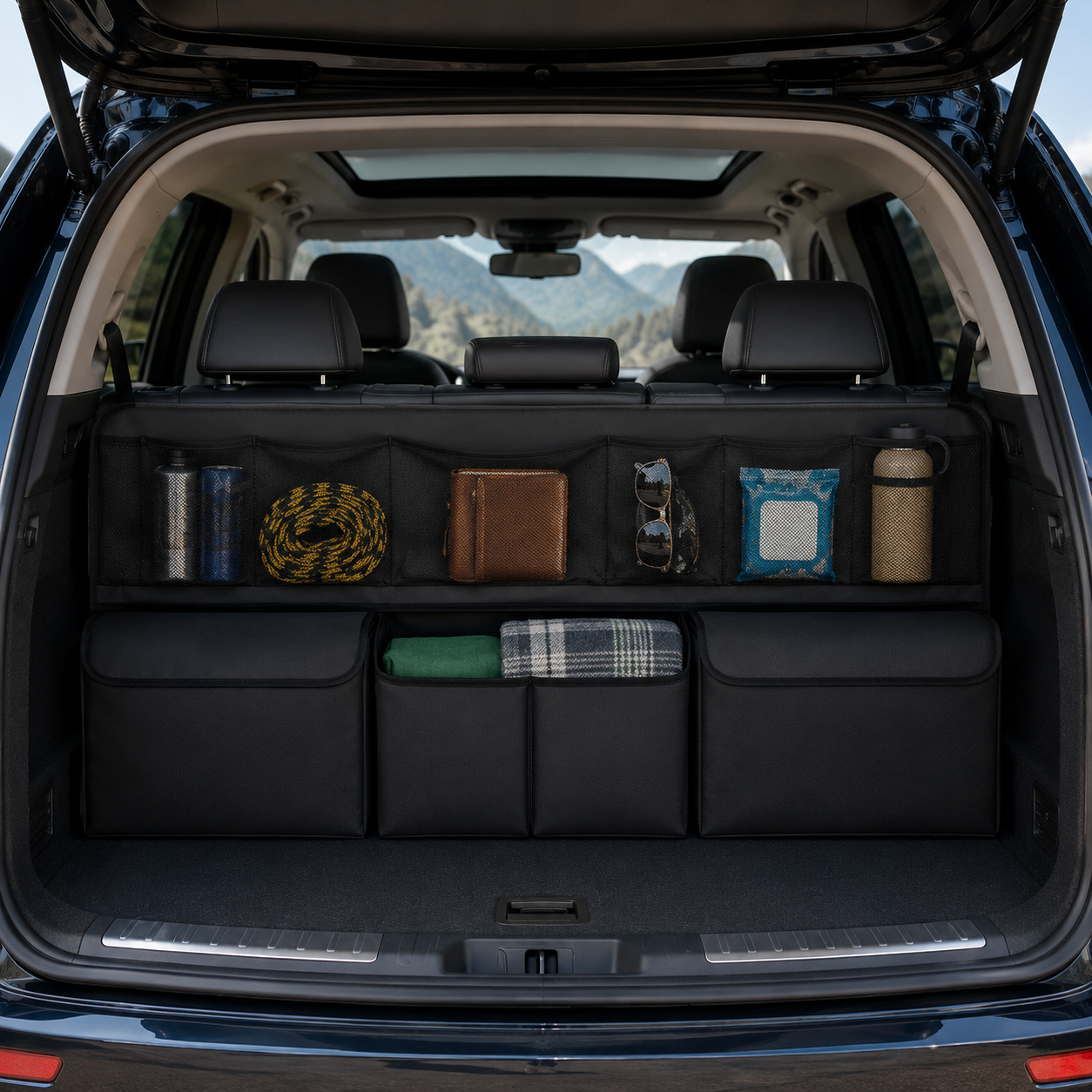 Organisateur de coffre noir grande capacité, idéal pour ranger facilement vos affaires en camping-car, van aménagé, caravane ou mobil-home. Ses poches en filet et compartiments spacieux permettent de garder vos accessoires de voyage