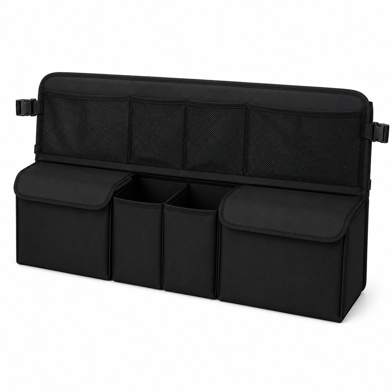 Organisateur de coffre noir grande capacité, idéal pour ranger facilement vos affaires en camping-car, van aménagé, caravane ou mobil-home. Ses poches en filet et compartiments spacieux permettent de garder vos accessoires de voyage