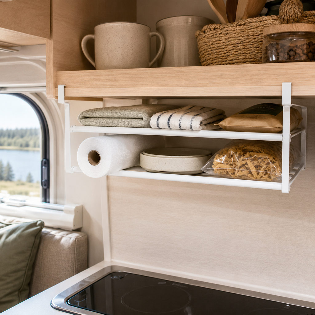 Optimisez l’espace de rangement dans votre camping-car, van aménagé ou mobil-home avec cette étagère ajustable sous tablette. Pratique et facile à installer, elle permet d’ajouter un espace supplémentaire dans les placards, la cuisine ou les petits rangements sans perçage.