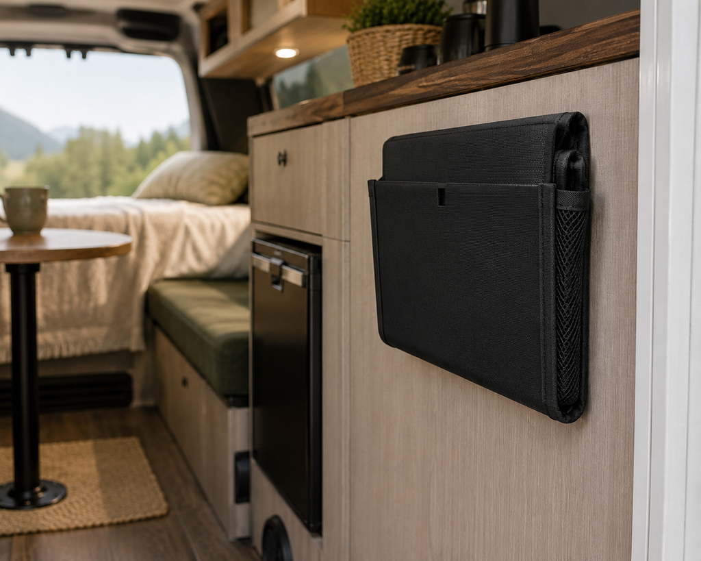 Rangement mural pour camping-car, van aménagé et caravane. Plié et accrocher au mur grâce à des crochets adhésifs qui ne laisse aucune trace