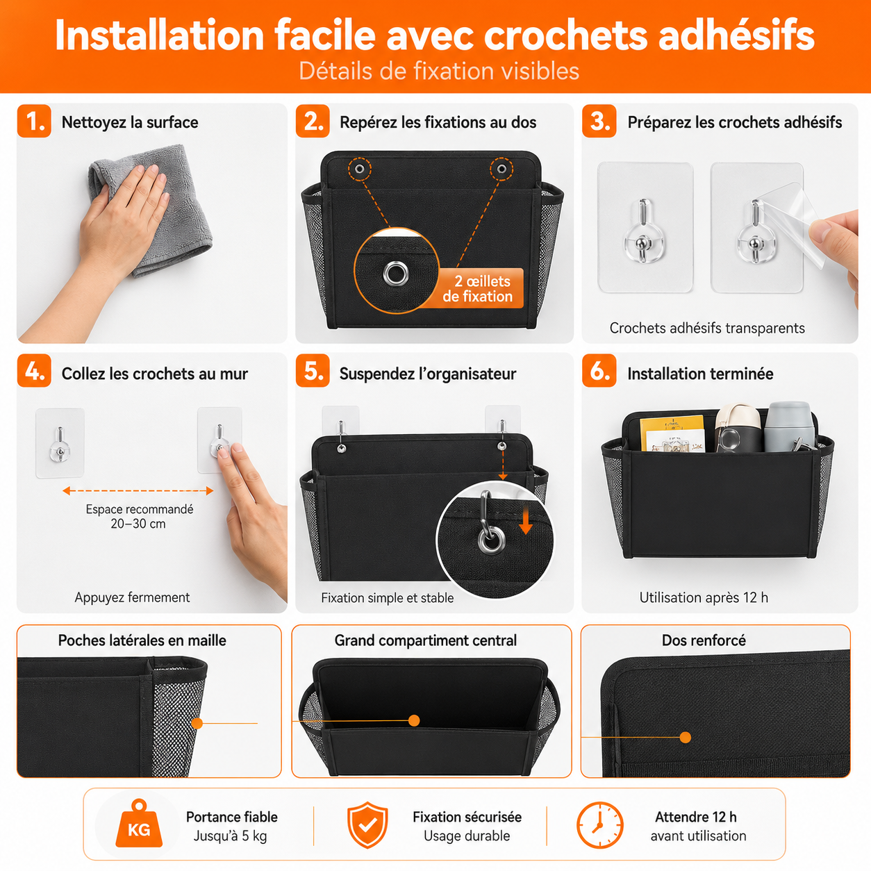 Organisateur mural multi-poches pour camping-car, van aménagé et caravane. installation facile avec crochets adhésifs.