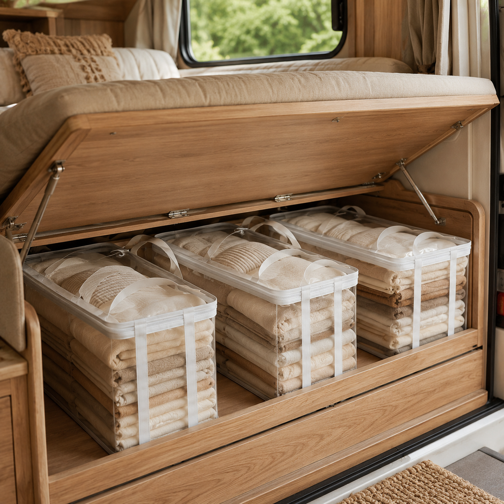 Sac de rangement transparent remplis , rangé dans le coffre sous banquette d’un van aménagé pour un gain de place optimal.