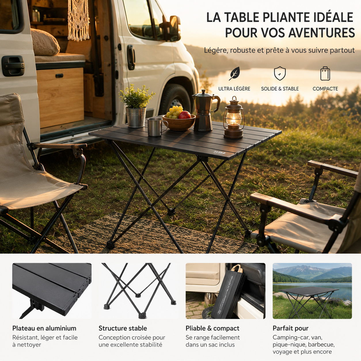 Table de camping car et van pliante légère robuste et stable elle est compacte plateau aluminium