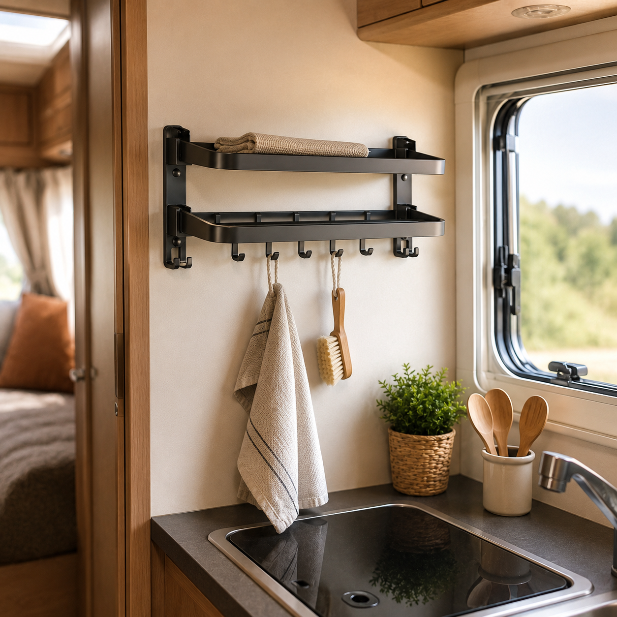 Support mural pliable avec étagère et crochets, idéal pour ranger torchons, serviettes et accessoires dans une cuisine ou salle de bain de van, caravane ou mobil-home ou camping car 