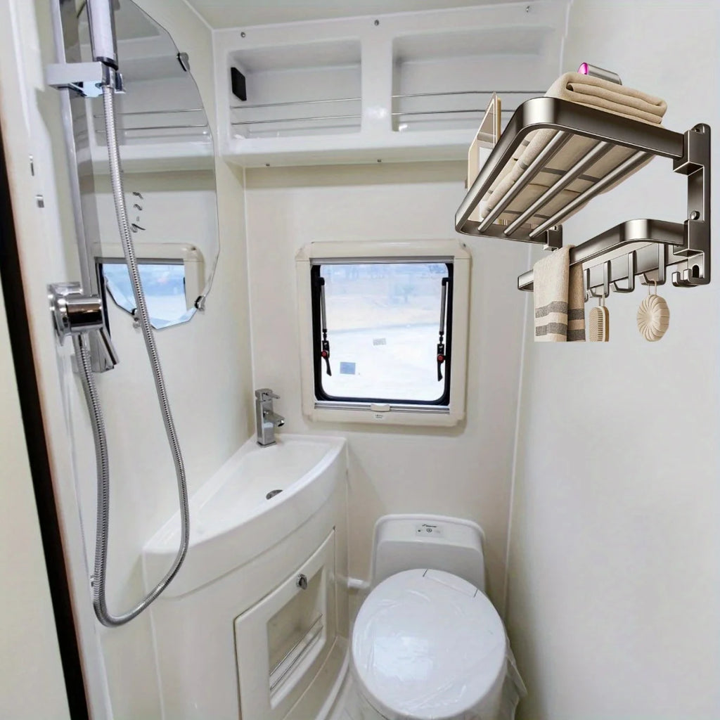 Support mural pliable avec étagère et crochets, idéal pour ranger torchons, serviettes et accessoires dans une cuisine ou salle de bain de van, caravane ou mobil-home ou camping car 