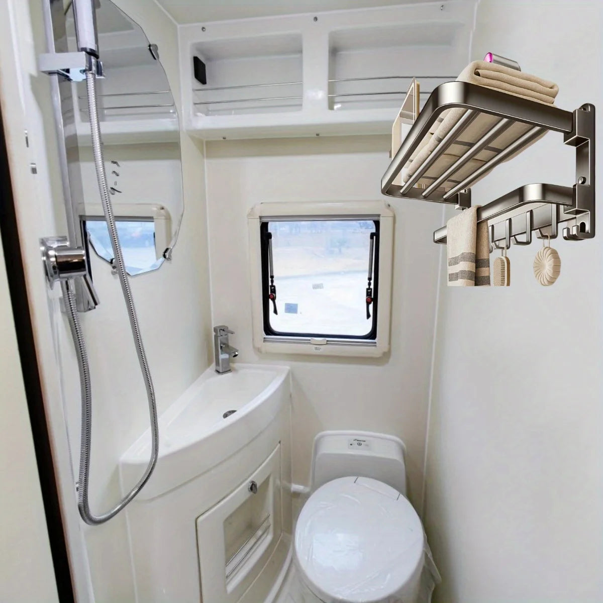 Support mural pliable avec étagère et crochets, idéal pour ranger torchons, serviettes et accessoires dans une cuisine ou salle de bain de van, caravane ou mobil-home ou camping car 
